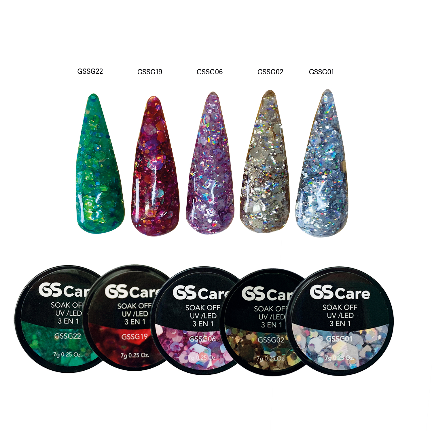 Glitter en Gel para Uñas - SOAK OFF UV/LED 3 EN 1 - GSCARE - Gloria Saltos
